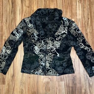 Kello women’s sweater Large jacket wool blend zip flower pattern black grey tan